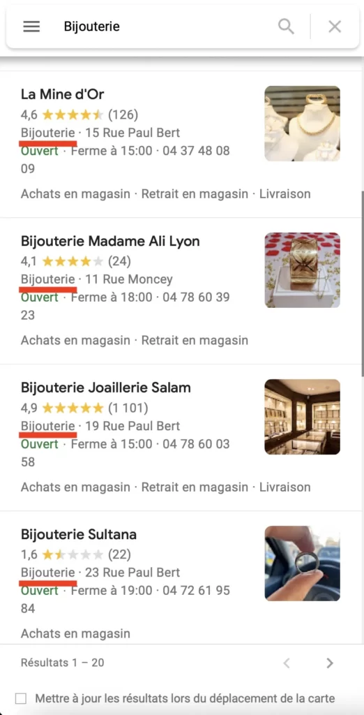 Comment optimiser le référencement local de sa boutique en 2022 ? 5 Optimisation de la catégorie principale d'établissement pour le référencement local de sa boutique : cas pratique avec le mot clé bijouterie
