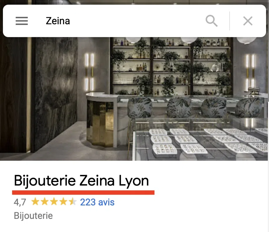 Comment optimiser le référencement local de sa boutique en 2022 ? 4 Optimisation du nom d'établissement pour le référencement local : cas pratique avec la fiche d'établissement Bijouterie Zeina Lyon